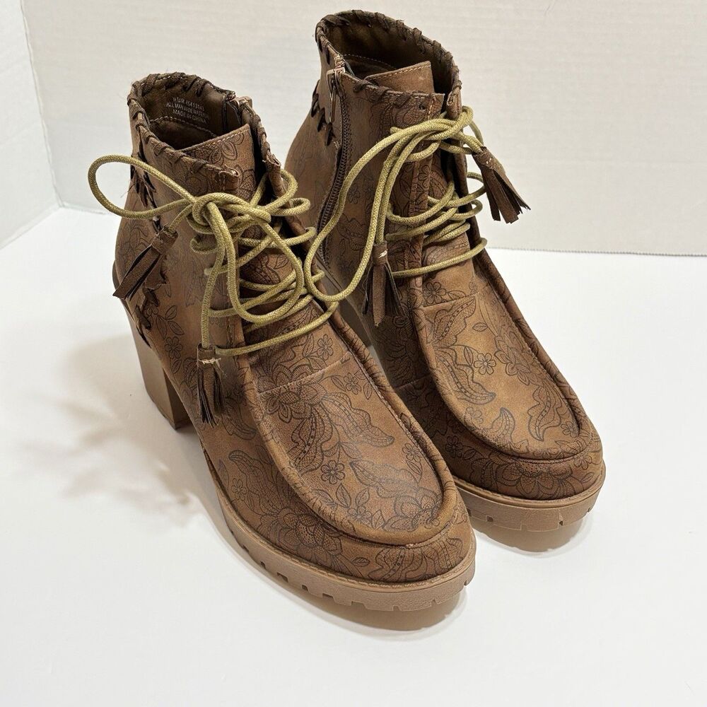 Comfort Boots Est 1946 Womens Sz 9.5 Brown Ankle Floral Print Lace Up Tassel